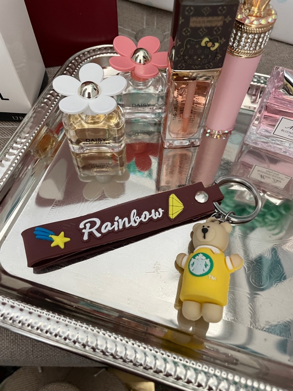 ✨Rainbow Starbucks Bear Keychain Bag Charm- Yellow Bear, Brown Strap✨NEW